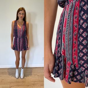 Vintage Boho Festival Red White & Blue Ruffled Backless Romper Medium